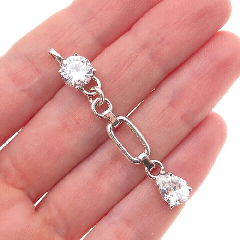 925 Sterling Silver Round & Pear-Cut C Z Drop Charm Pendant